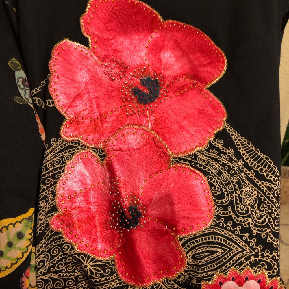Desigual Dress Black Long Sleeved with Red Satin Applique Flowers Cotton M - Picture 3 of 13